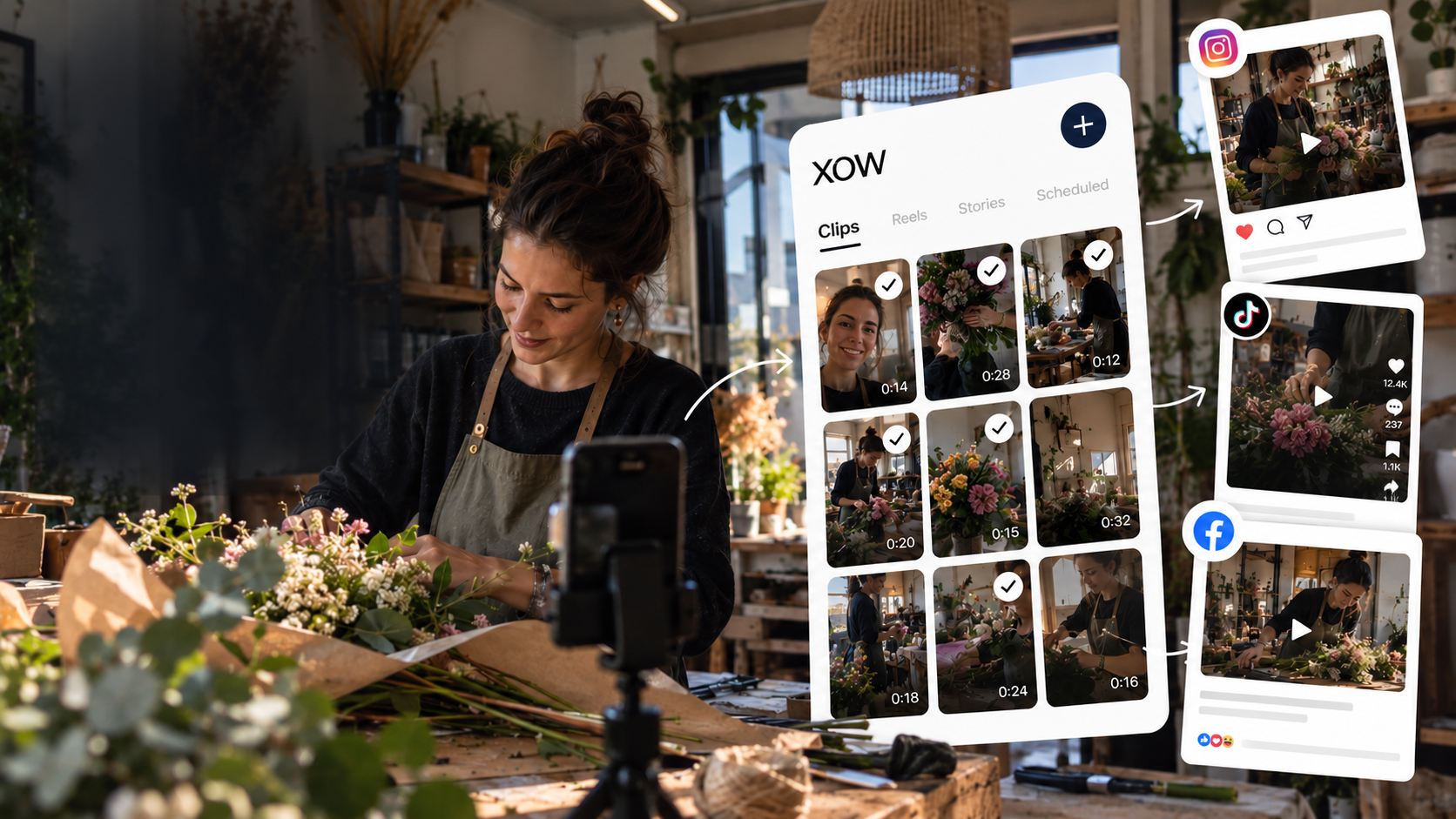A florist arranges a bouquet while her phone records. XOW turns the clips into posts for Instagram, TikTok and Facebook.