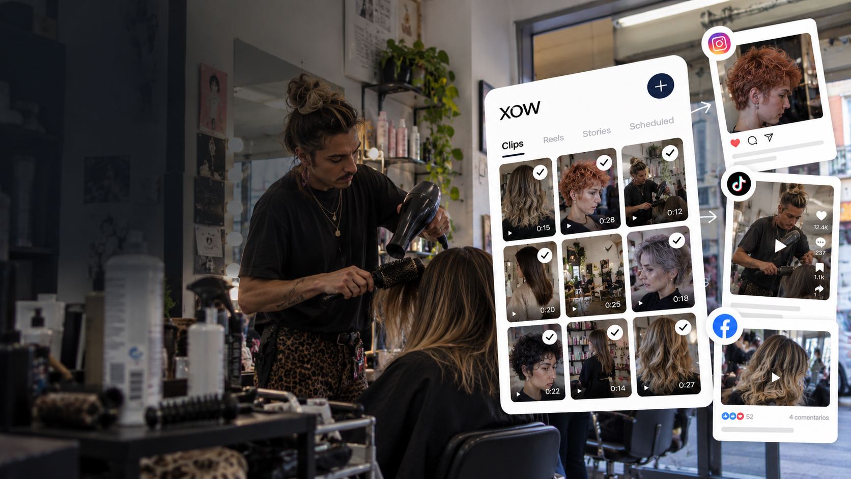 A hairdresser blow-dries a client’s hair. XOW turns the clips into posts for Instagram, TikTok and Facebook.
